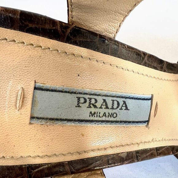 Prada Brown Embossed Leather Cut Out Platform Sandals $581 - Picture 9 of 12